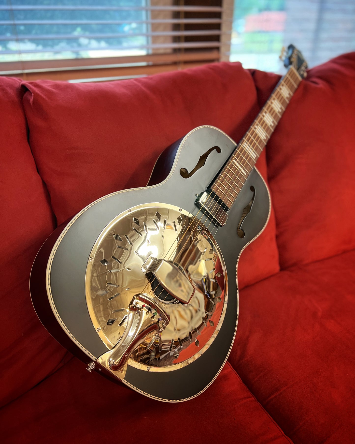Full Front and Side of Recording King Dirty 30s Mini Bucker Resonator Guitar