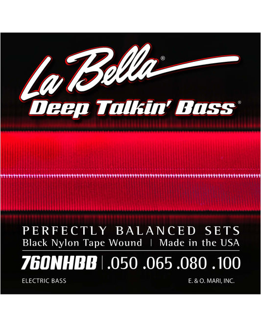 Front of La Bella 760NHBB "Beatle Bass" Black Nylon Tape Wound Bass Strings