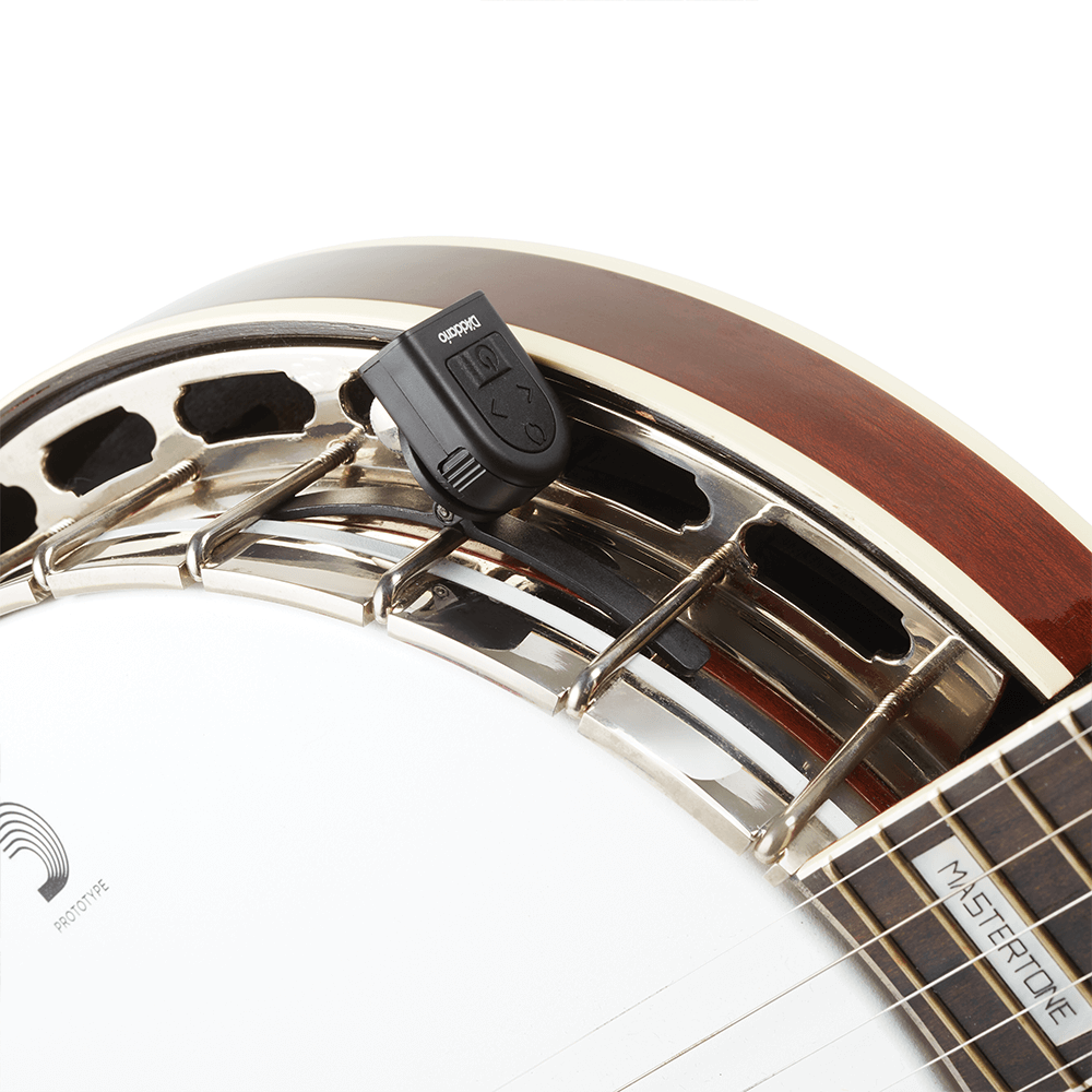 Top and Side of D'Addario Planet Waves Micro Banjo Tuner on a banjo
