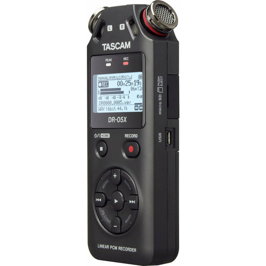 Front and Side of Tascam DR-05X Stereo Handheld Digital Audio Recorder & USB Audio Interface