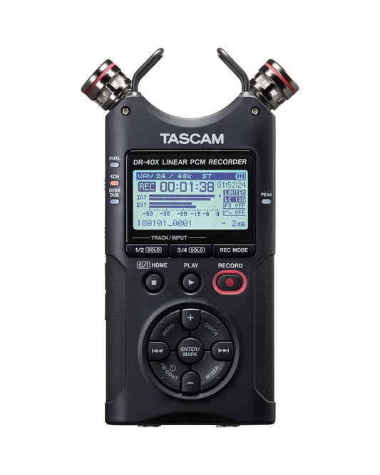 Front of Tascam DR-40X Four Track Digital Audio Recorder & USB Audio Interface in AB position