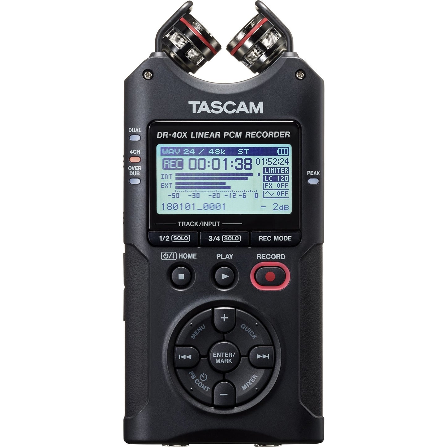 Front of Tascam DR-40X Four Track Digital Audio Recorder & USB Audio Interface in XY postion