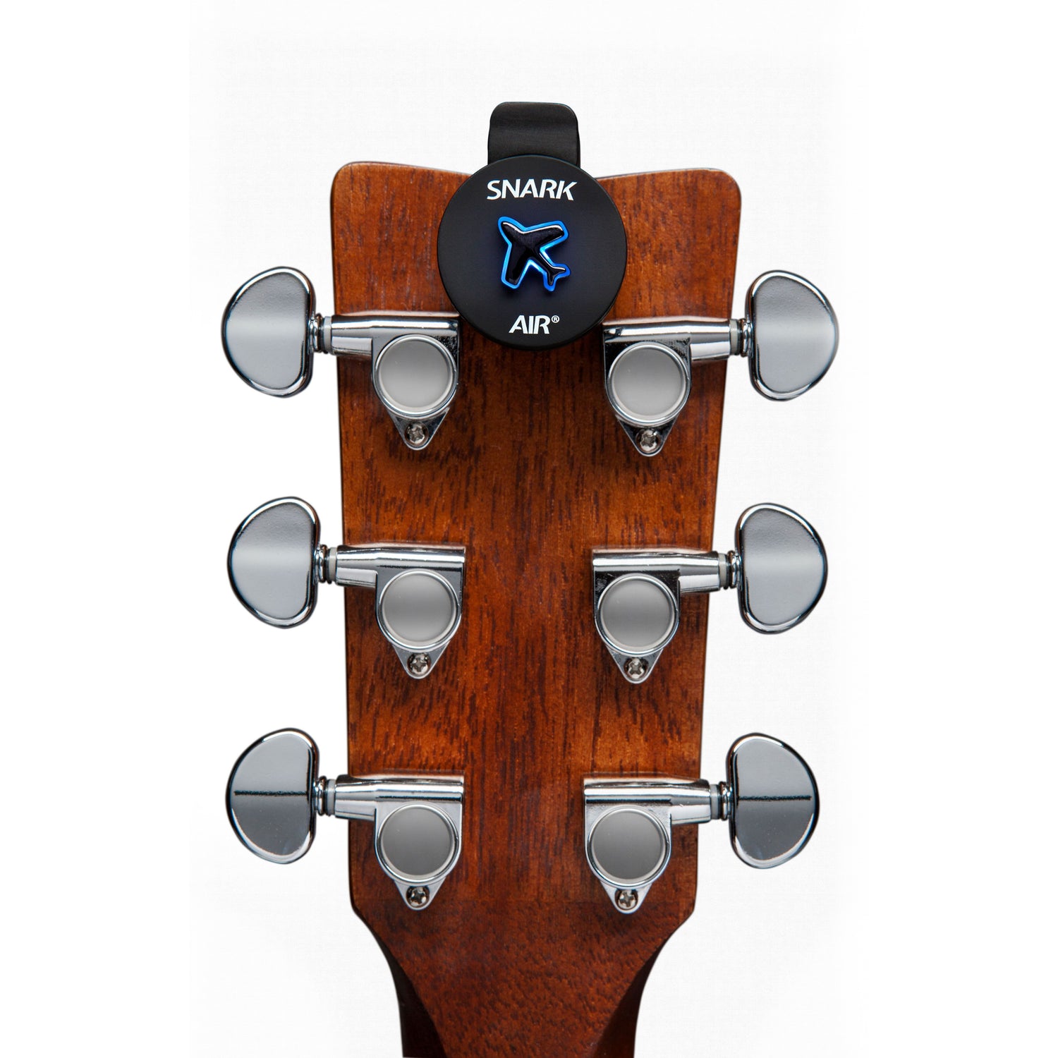 Snark Air Rechargable Clip-On Tuner on back of headstock