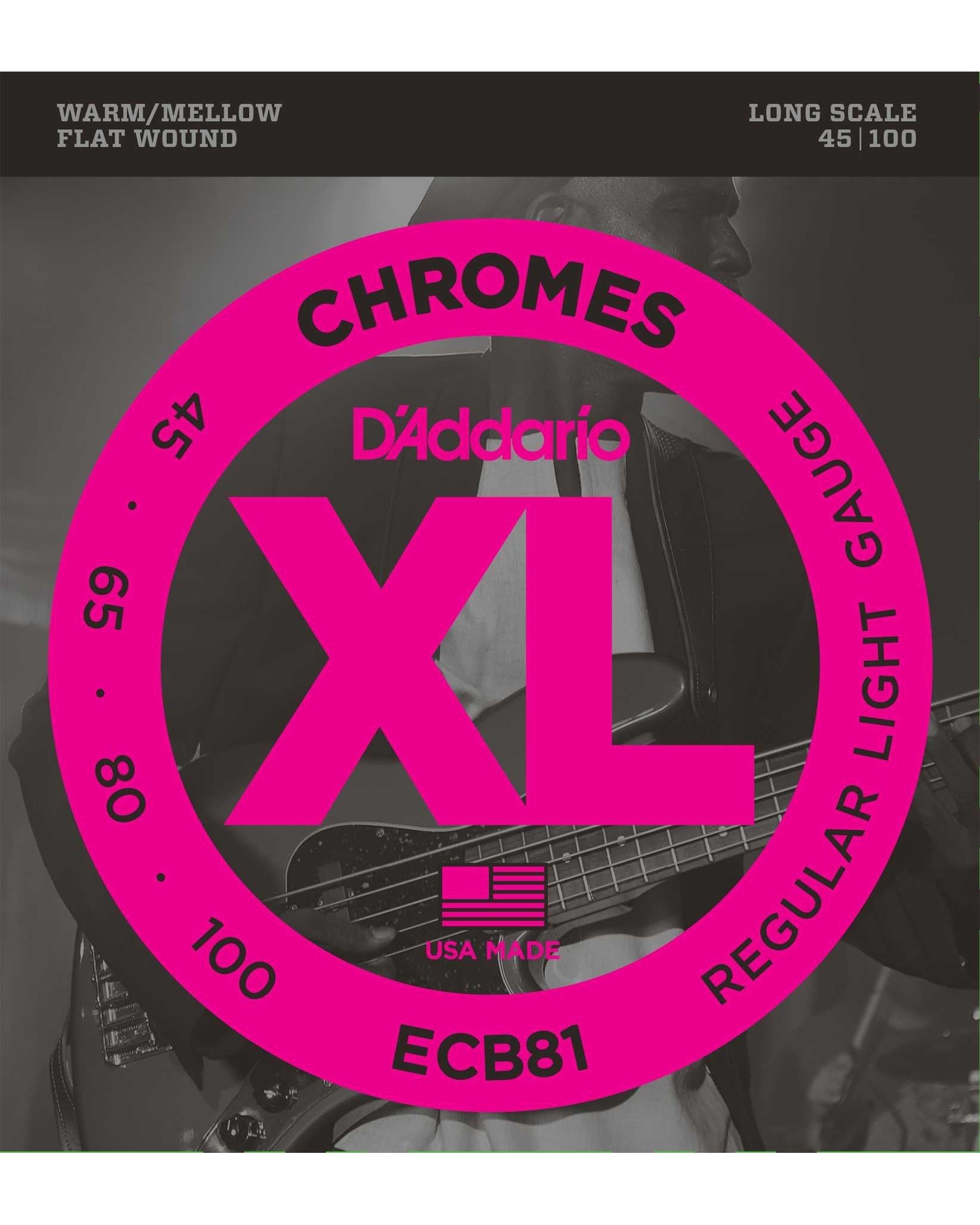Front of D'Addario ECB81 Flat Wound XL Chromes Regular Light Gauge Electric Bass Strings