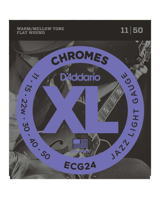 Front of D'Addario ECG24 Flat Wound XL Chromes Jazz Light Gauge Electric Guitar Strings