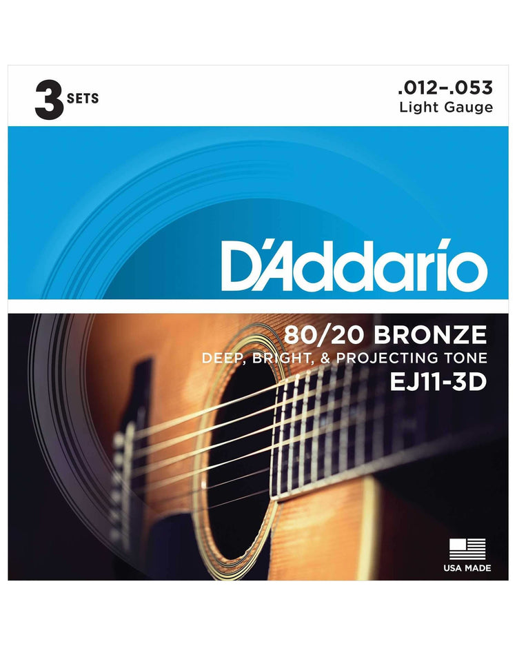 Front of D'Addario EJ11 80/20 Bronze Light Gauge Acoustic Guitar Strings, Three Pack