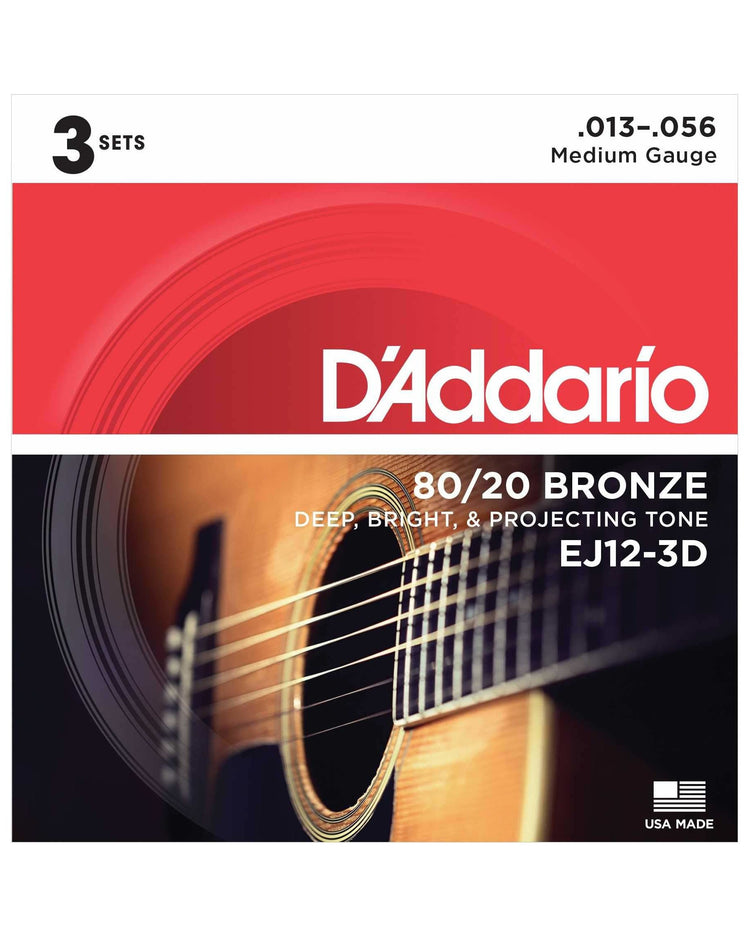 Front of D'Addario EJ12 80/20 Bronze Medium Gauge Acoustic Guitar Strings, Three Pack