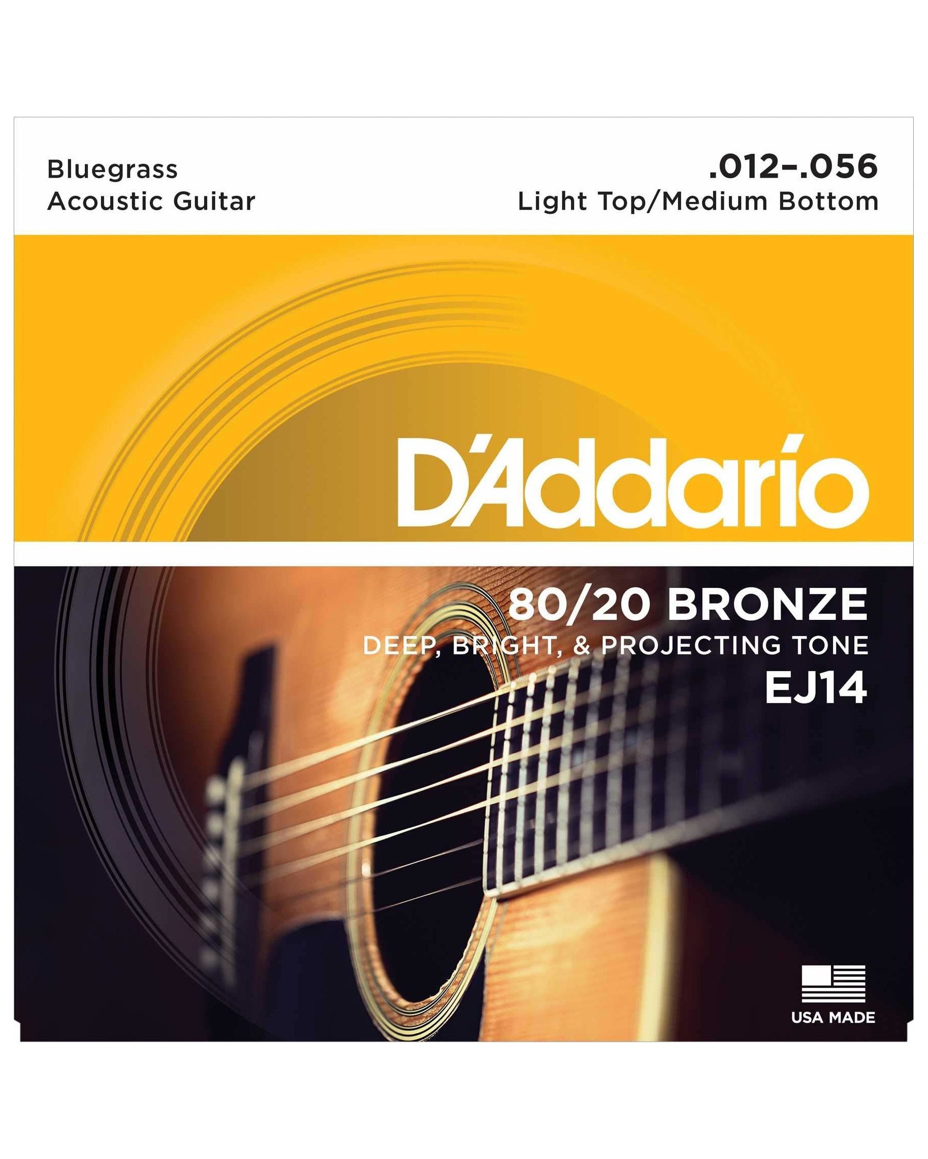 Front of D'Addario EJ14 80/20 Bronze Bluegrass Light Top / Medium Bottom Gauge Acoustic Guitar Strings
