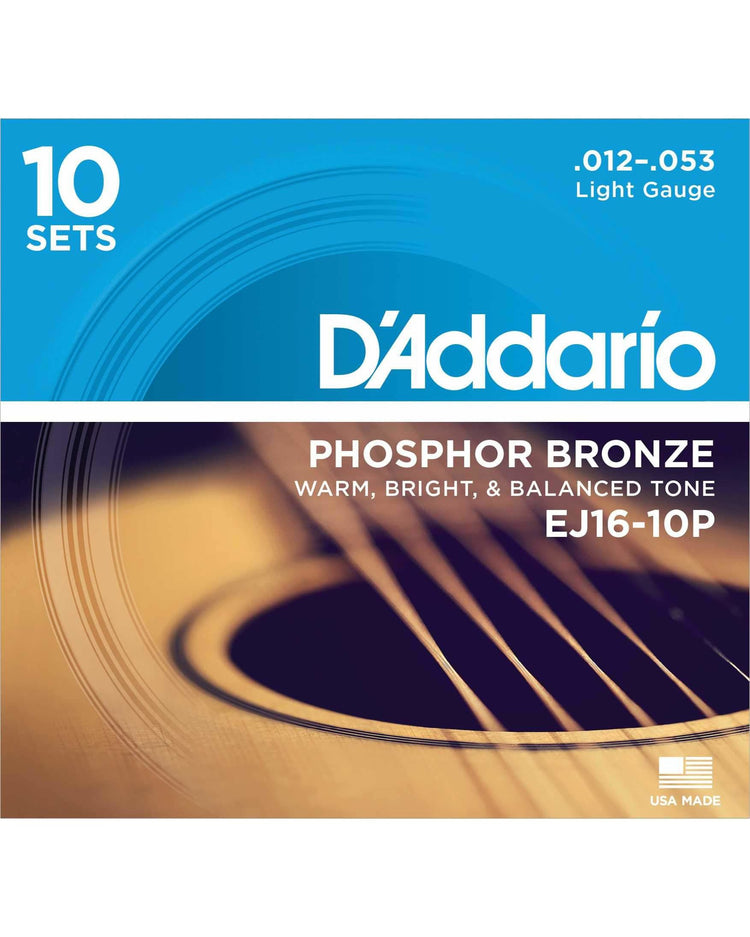Front of D'Addario EJ16-10P Phosphor Bronze Light Gauge Acoustic Guitar Strings, Ten Pack
