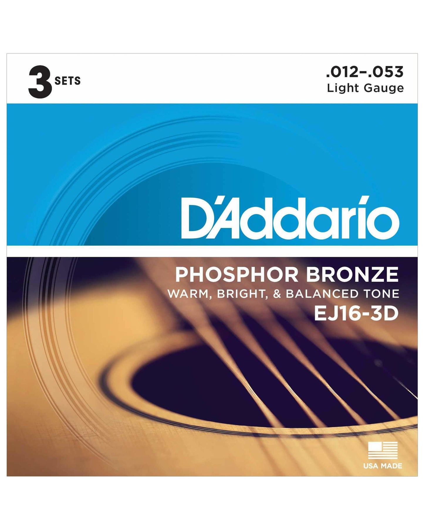 Front of D'Addario EJ16-3D Phosphor Bronze Light Gauge Acoustic Guitar Strings, Three Pack