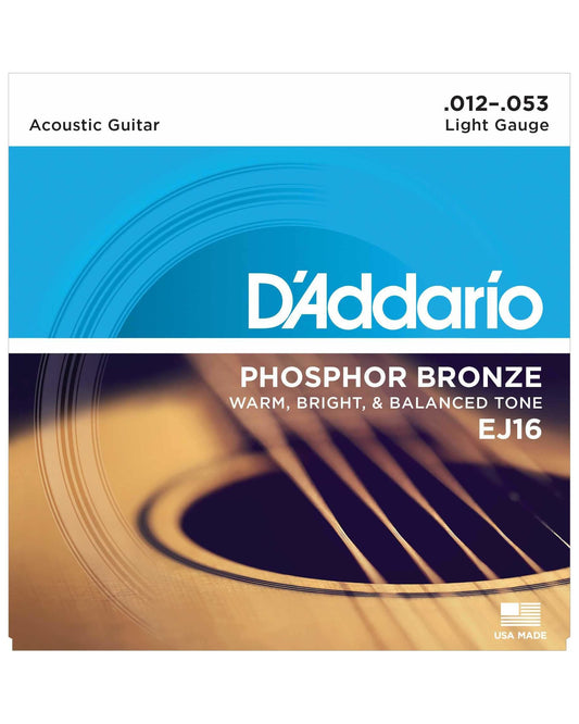 Front of D'Addario EJ16 Phosphor Bronze Light Gauge Acoustic Guitar Strings