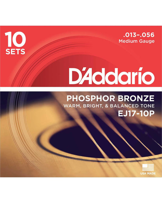 Front of D'Addario EJ17-10P Phosphor Bronze Medium Gauge Acoustic Guitar Strings, Ten Pack