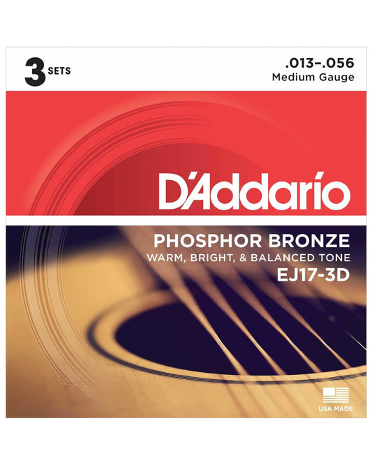 Front of D'Addario EJ17-3D Phosphor Bronze Medium Gauge Acoustic Guitar Strings, Three Pack