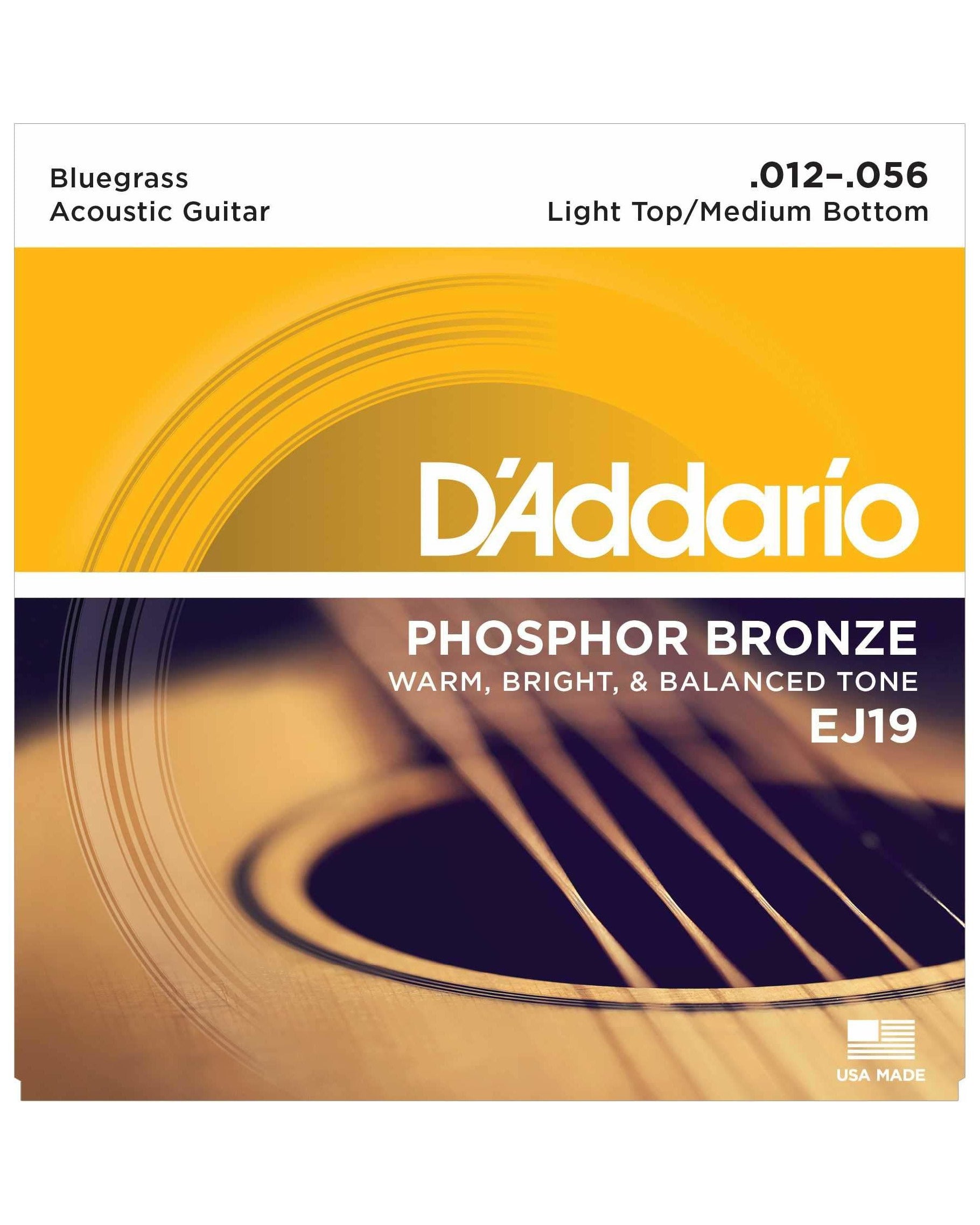 Front of D'Addario EJ19 Phosphor Bronze Bluegrass Light Top / Medium Bottom Gauge Acoustic Guitar Strings