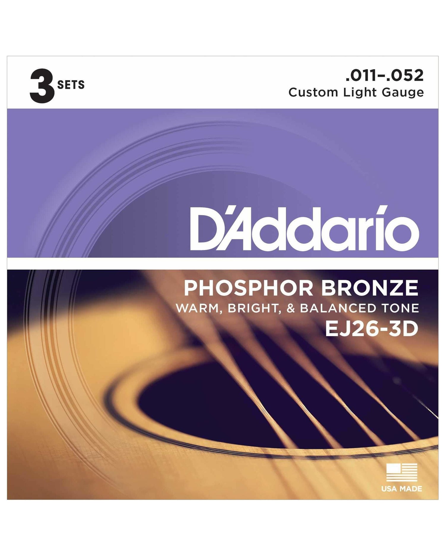 Front of D'Addario EJ26-3D Phosphor Bronze Custom Light Gauge Acoustic Guitar Strings, Three Pack