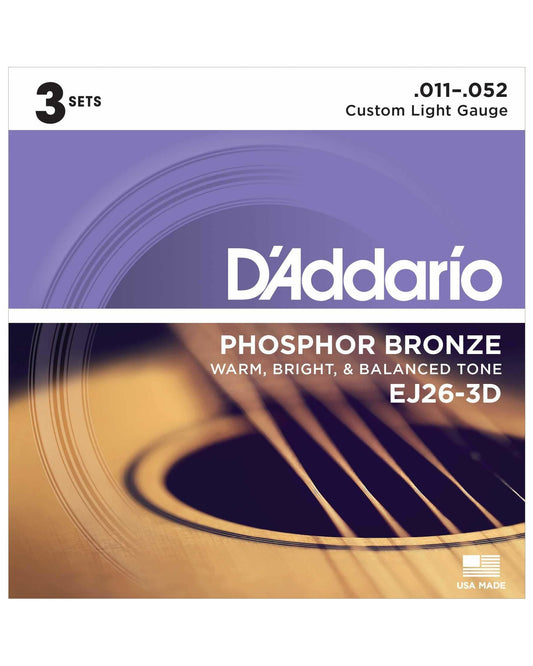 Front of D'Addario EJ26-3D Phosphor Bronze Custom Light Gauge Acoustic Guitar Strings, Three Pack