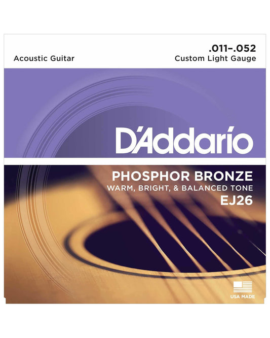 Front of D'Addario EJ26 Phosphor Bronze Custom Light Gauge Acoustic Guitar Strings