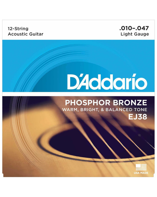 Front of D'Addario EJ38 Phosphor Bronze Light Gauge 12-String Acoustic Guitar Set