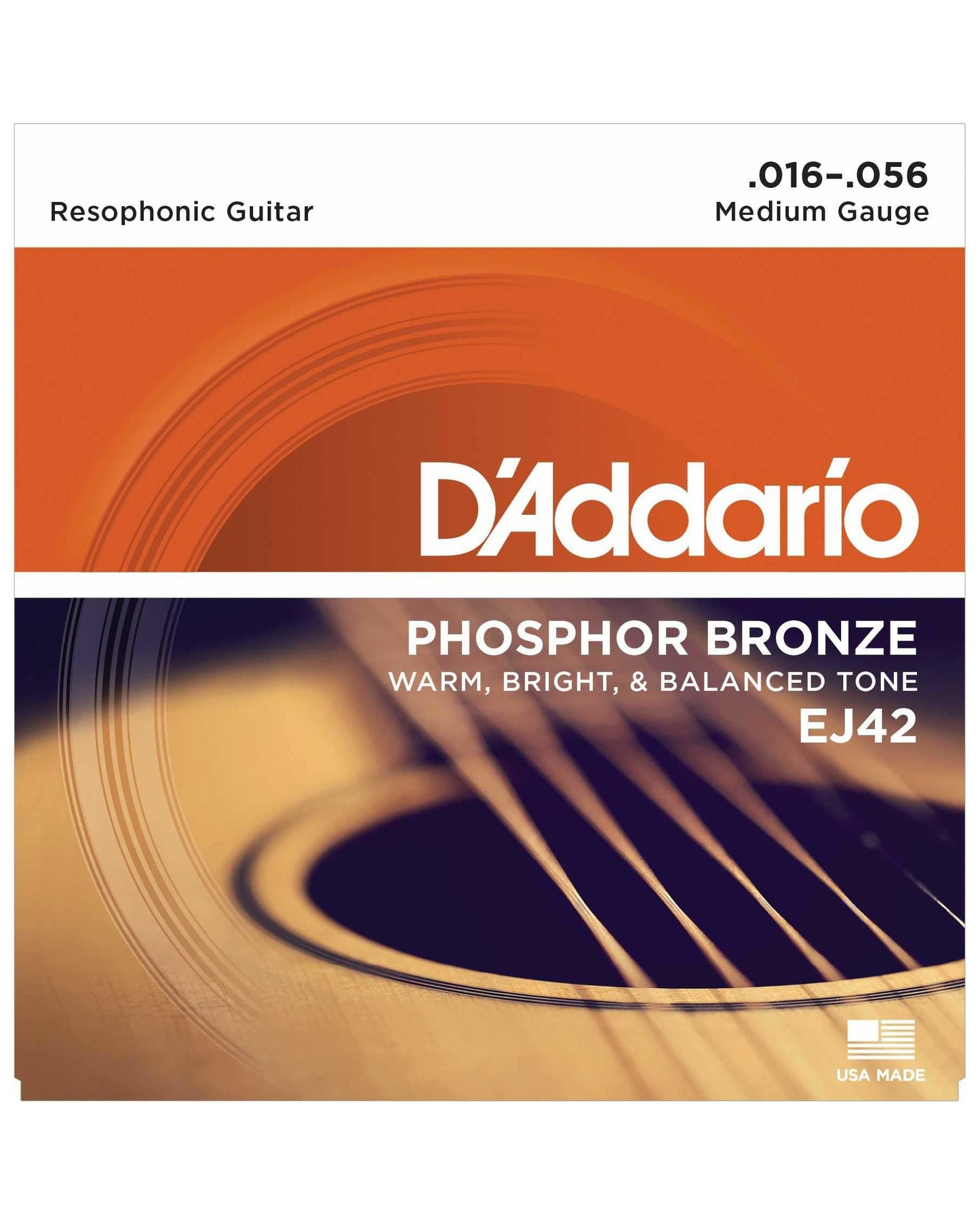 Front of D'Addario EJ42 Phosphor Bronze Medium Gauge Resophonic Guitar Strings