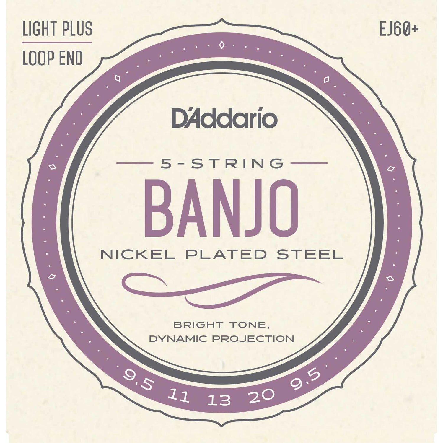 Front of D'Addario EJ60+ Nickel Plated Steel Light Plus Gauge 5-String Banjo Strings