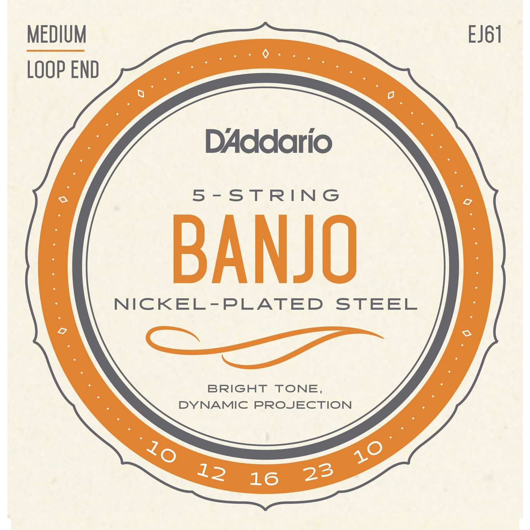 Front of D'Addario EJ61 Nickel Plated Steel Medium Gauge 5-String Banjo Strings