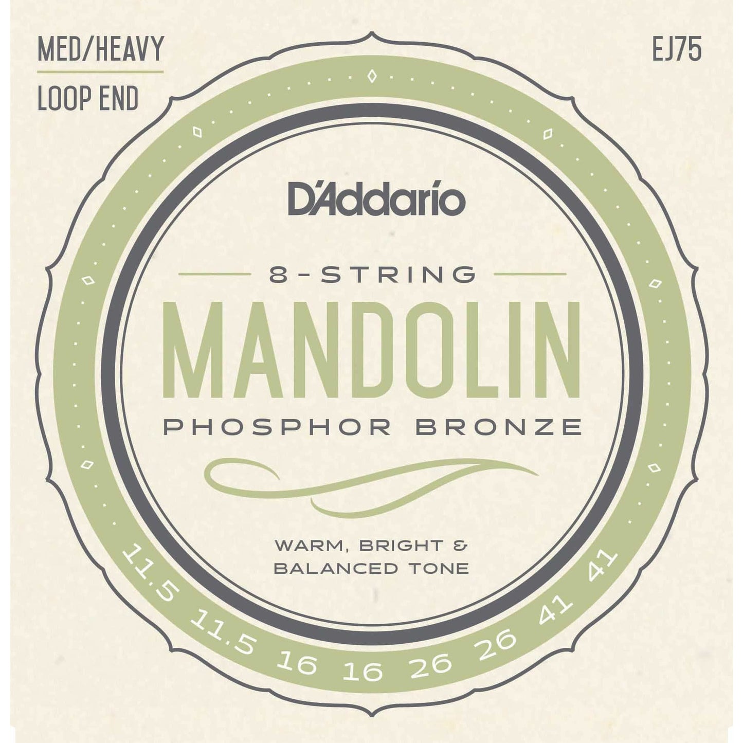 Front of D'Addario EJ75 Phosphor Bronze Medium / Heavy Gauge Mandolin Strings
