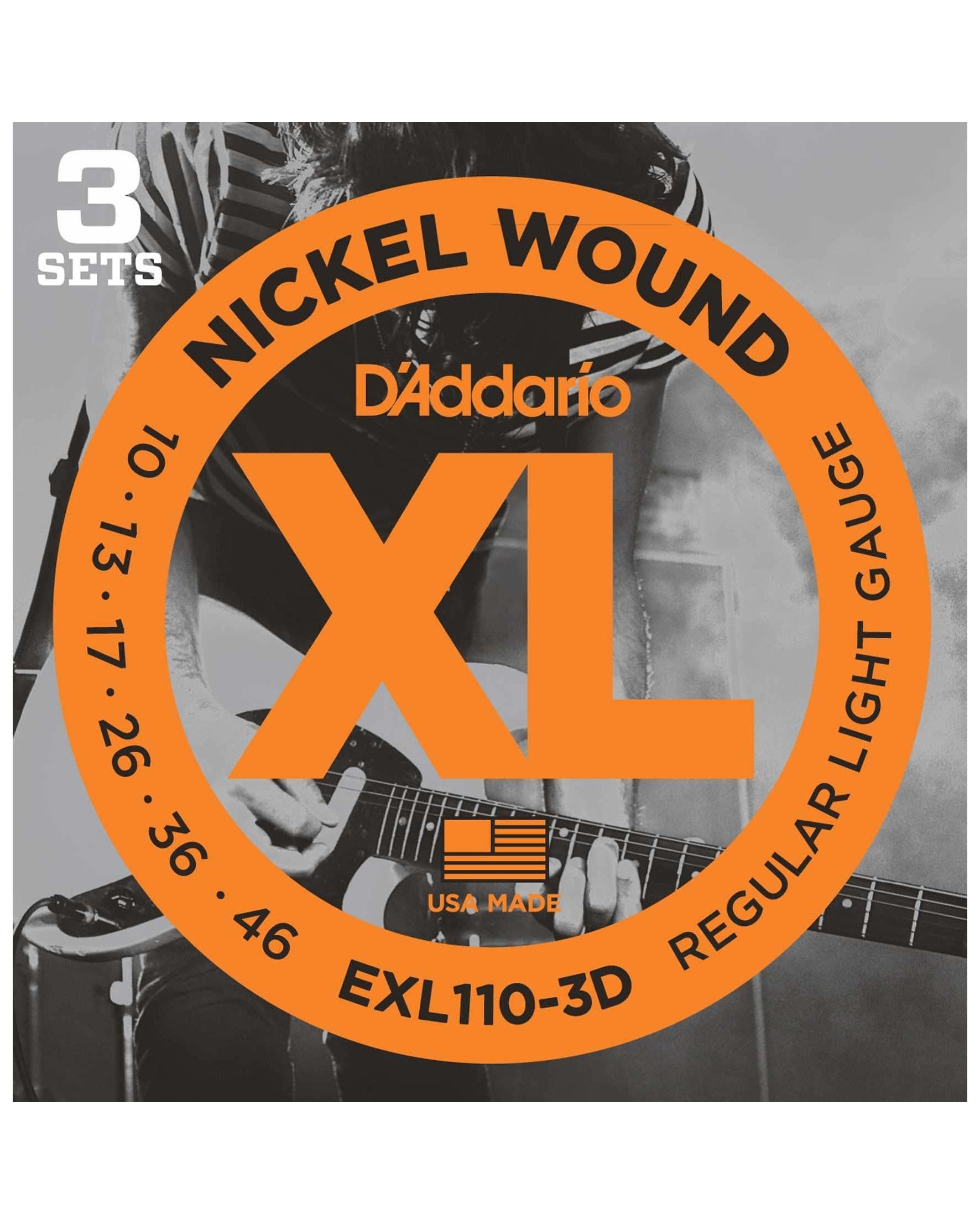 Front of D'Addario EXL110-3D XL Nickel Round Wound Light Gauge Electric Guitar Strings, Three Pack