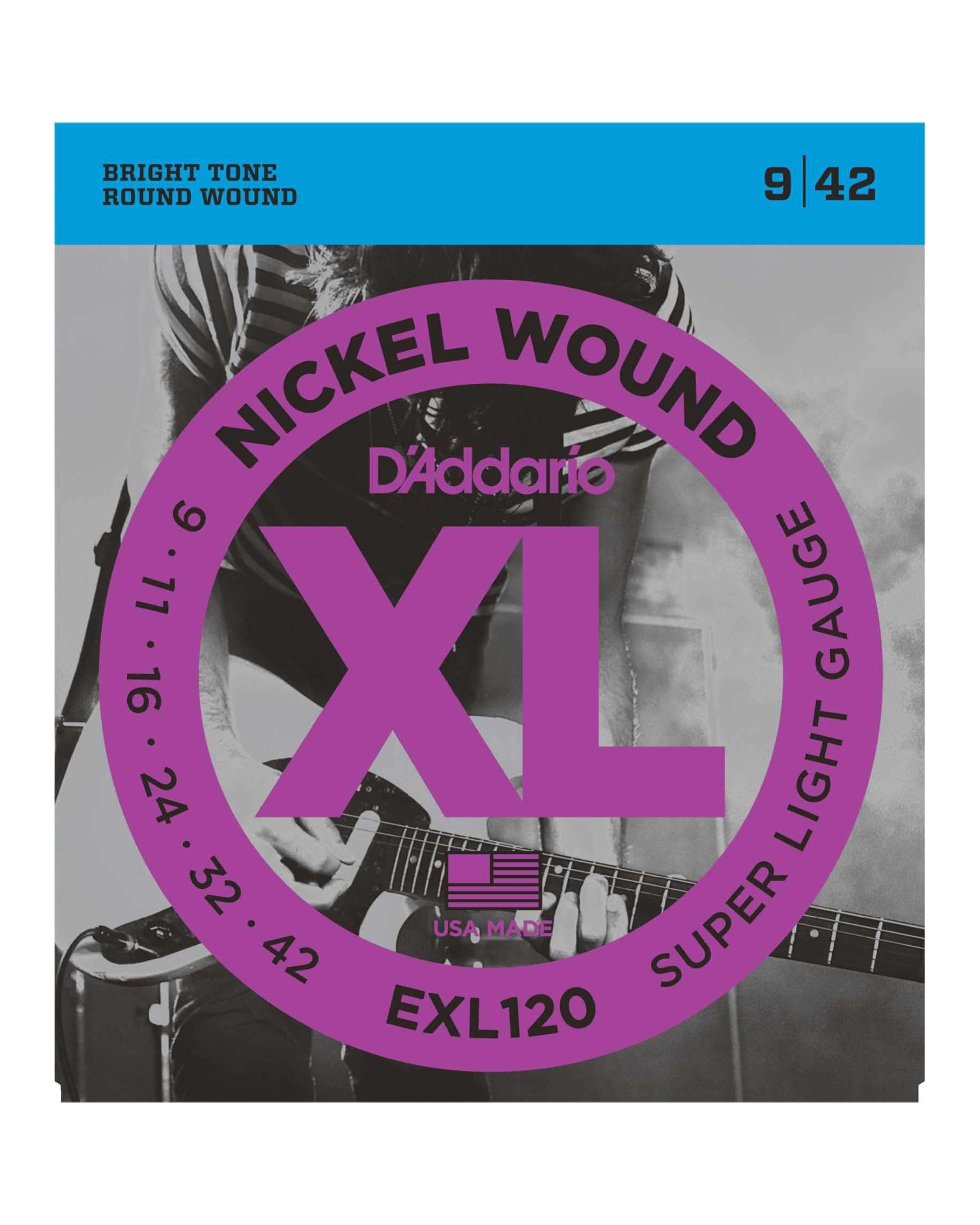 Front of D'Addario EXL120 XL Nickel Round Wound Super Light Gauge Electric Guitar Strings