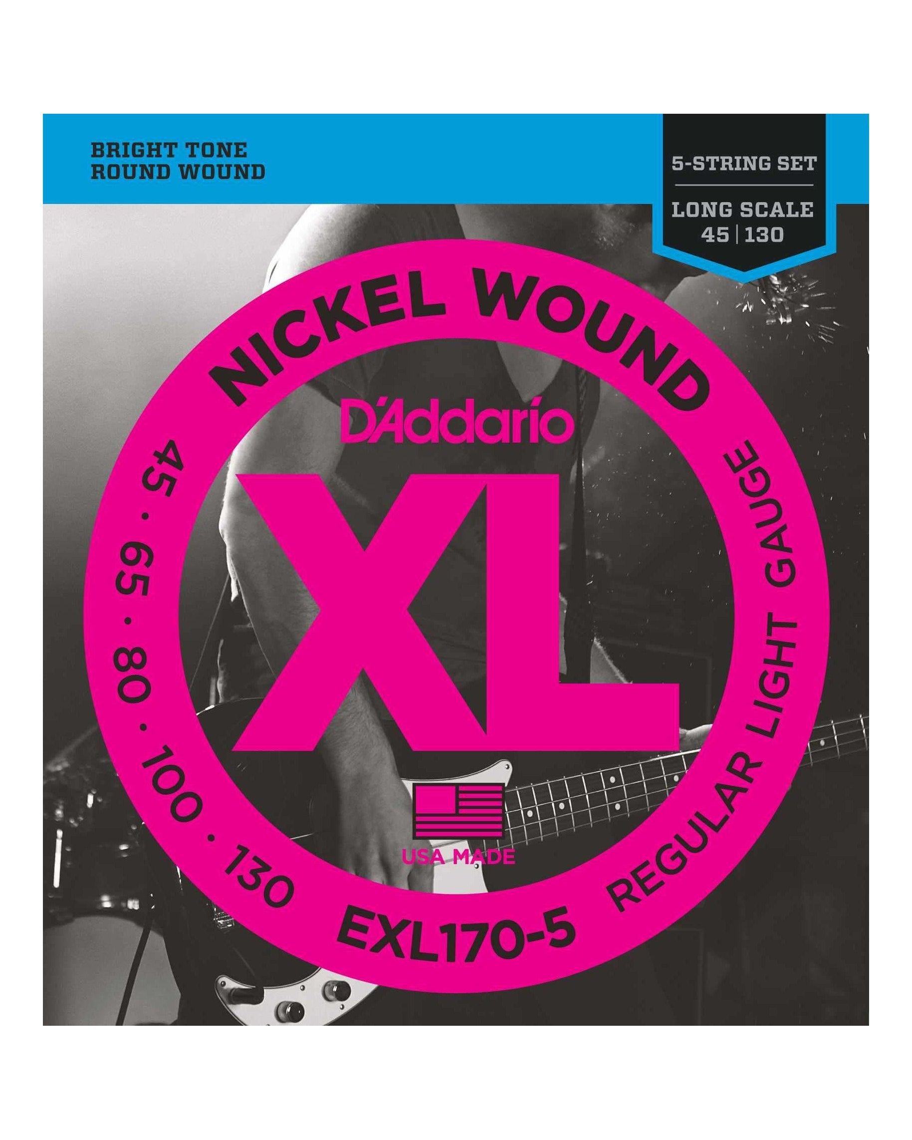 Front of D'Addario EXL170-5 XL Nickel Round Wound Long Scale Light Gauge 5-String Electric Bass Strings