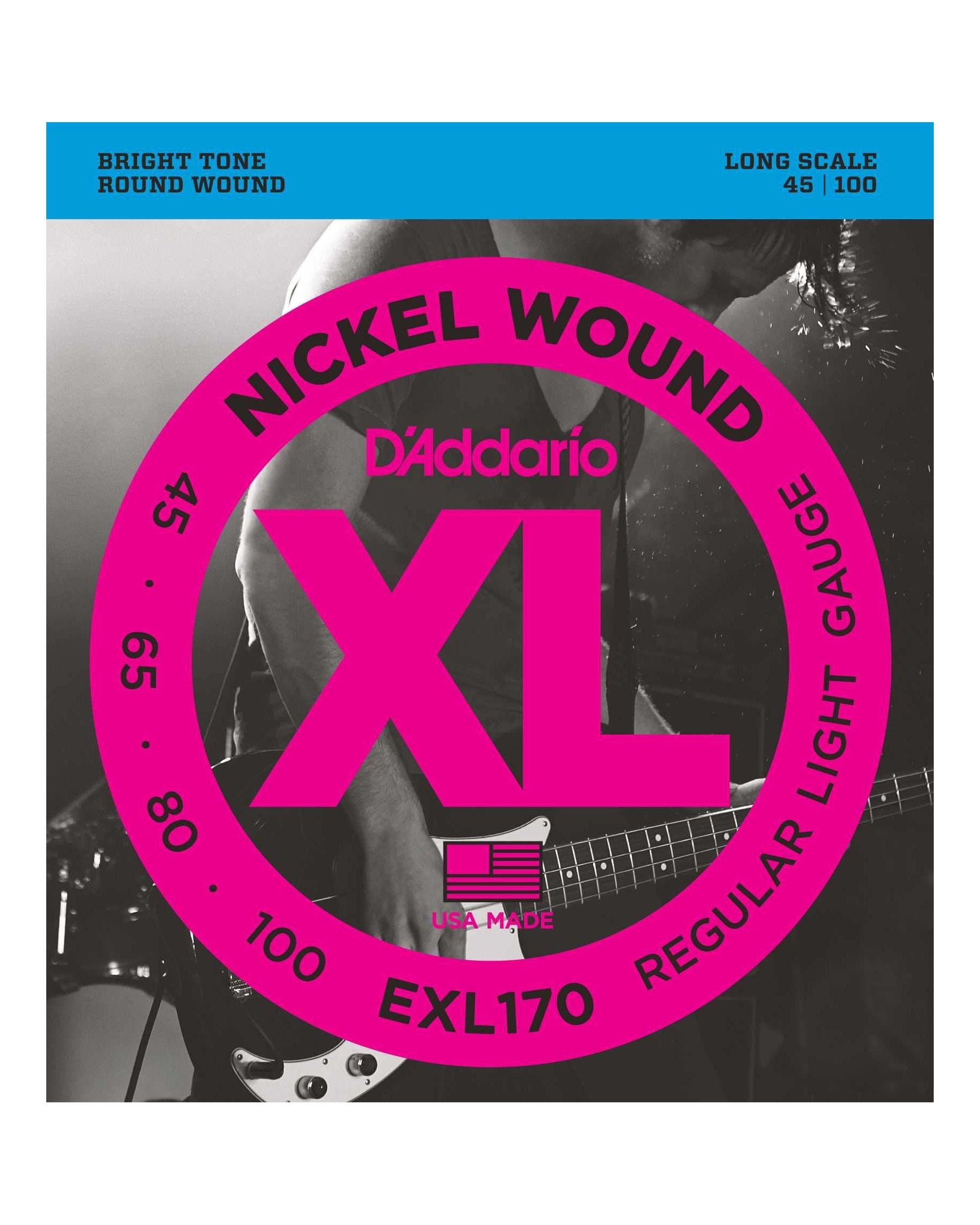 Front of D'Addario EXL170 XL Nickel Round Wound Long Scale Light Gauge Electric Bass Strings
