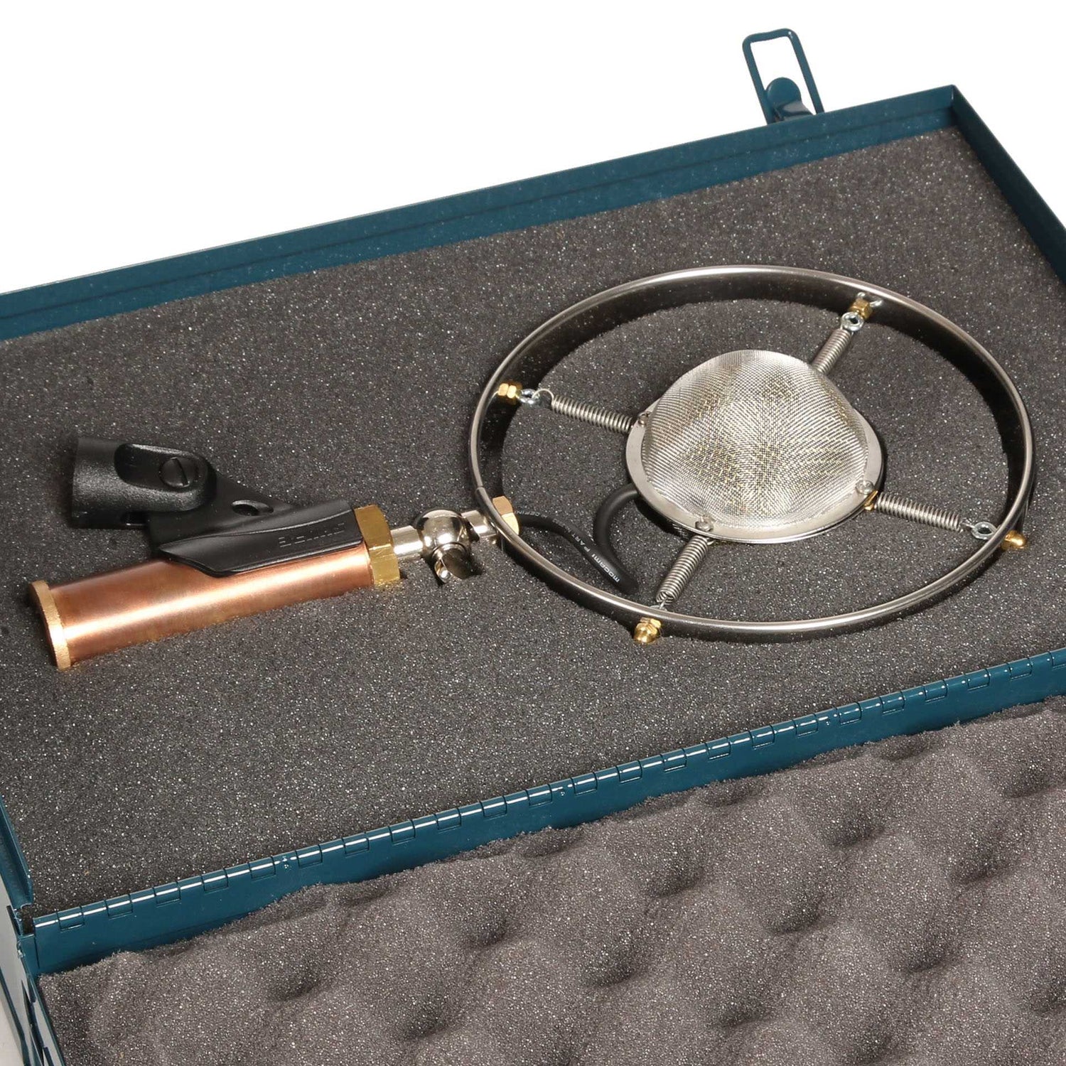 Full front of Ear Trumpet Labs Louise Condenser Microphone in case
